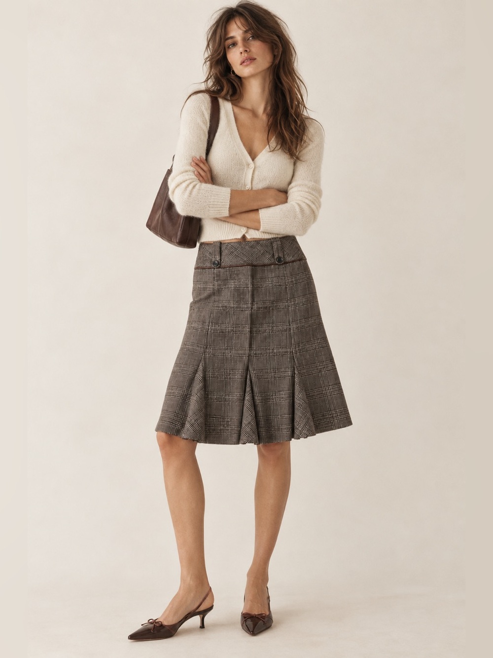 Vintage Y2K Copper Key Plaid Pleated Midi Skirt Preppy Dark Academia
